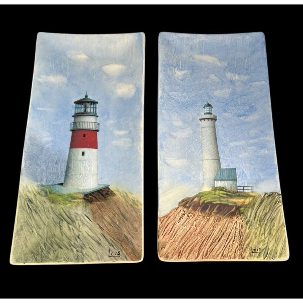 Pair Trinket Dishes 10” Coastal Beach Lighthouse Seaside Ocean Signed Wall Art